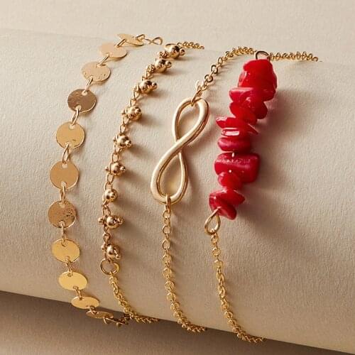 Docona Multilayer Gold Sequins Infinity Symbol Chains Bracelets Set for Women Boho Red Gravel Stones Charm Bracelets Jewelry