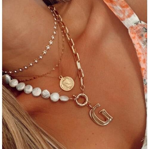 Dvacaman INS Style Gold Color Metal Letter Pendant Pearl Necklace Women Punk Multi Layered Chain Portrait Statement Necklace Set