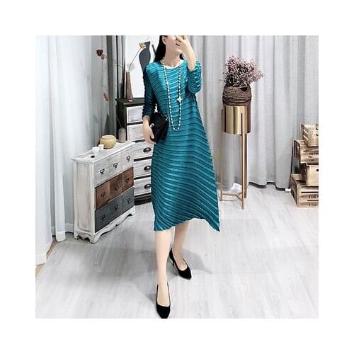 HOT SELLING Miyake fashion solid fold o-neck three quarter irregular dress IN STOCK