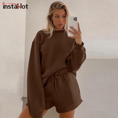 InstaHot Solid Basic Women Two Piece Drawstring Shorts Set Casual Long Sleeve Vintage Outfit 2021 Summer Female 2 Piece Set Suit