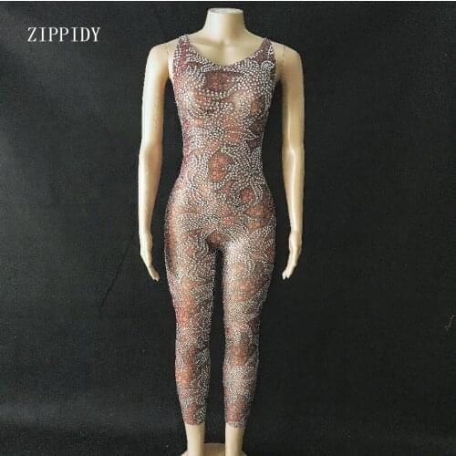 Birthday Celebrate Silver Rhinestone Flower Brown Transparent Jumpsuit Dancer Prom Dance Costume Collection Sexy Leggines