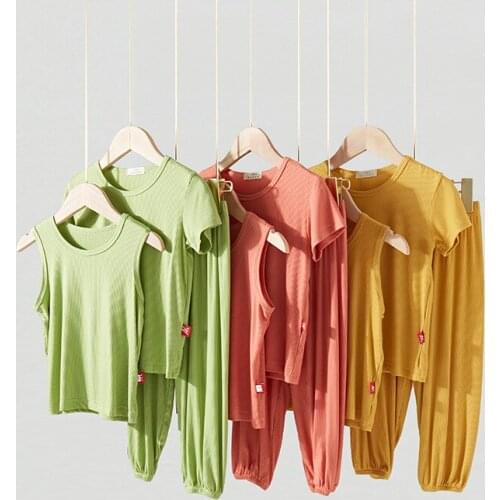 Children Clothes Suits Boys And Girls Summer Three Piece Sets Korean Style Solid Color Thin Modal Vest Short Sleeve Pants Suit