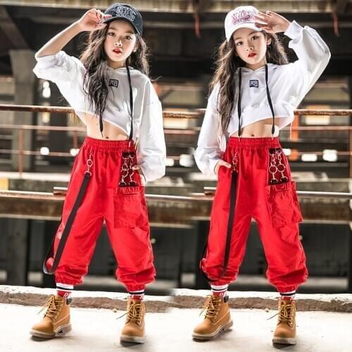 Girlss Jazz Dance Costume Kids Hip Hop Clothes Loose White Tops Red Pants Modern Street Jazz Show Clothing Stage Costume BL5056