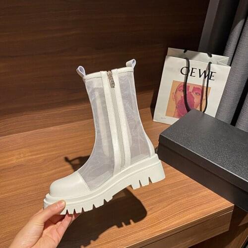 Osunlina 2021 Summer Ankle Boots Woman Round Toe 5.5 Square Heels Genuine Leather Breathable Mesh Handmade Shoes Zipper Design