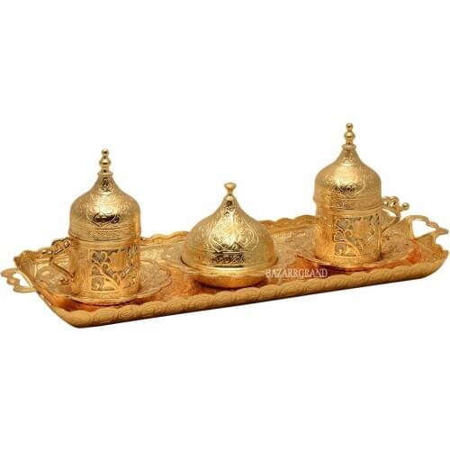 Luxury Turkish porcelain coffee pot set and plates DOUBLE COFFEE SET - TULIP PATTERNED - - WHITE-YELLOW-TIN-ANTIQUE COPPER-ANTIQ