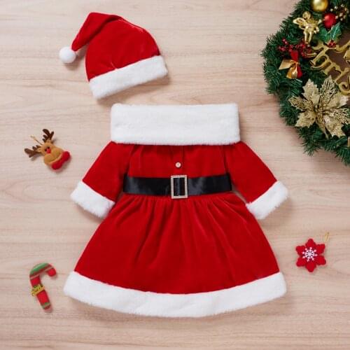 Toddler Kids Baby Girls Christmas Outfit Long Sleeve Red Velvet Princess Fur Dress with Belt Children Santa Xmas Gifts Headband