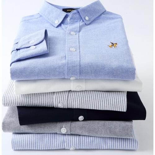 Casual Pure Cotton Oxford Striped Shirts For Men Long Sleeve Embroidery Logo Design Regular Fit Fashion Stylish