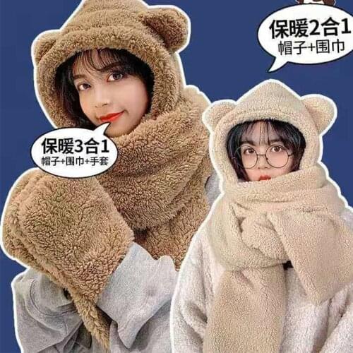 Women Knitted Fashion Cartoon Bear Style Cute Hat Ear Fleece Hat Hooded Scarf Neck Gloves Winter Three In One Girls Hat Hot Sale