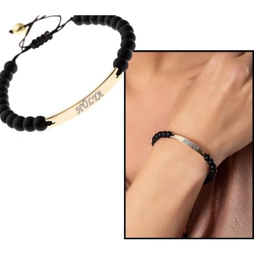 Tesbihane Personalized Name Written Onyx Natural Stone Steel Kombinli Gold Bracelet
