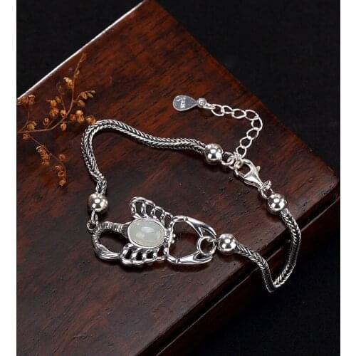 Sterling Silver Natural Hetian jade white jade Scorpio retro Thai silver personality high-end lady Bracelet wholesale