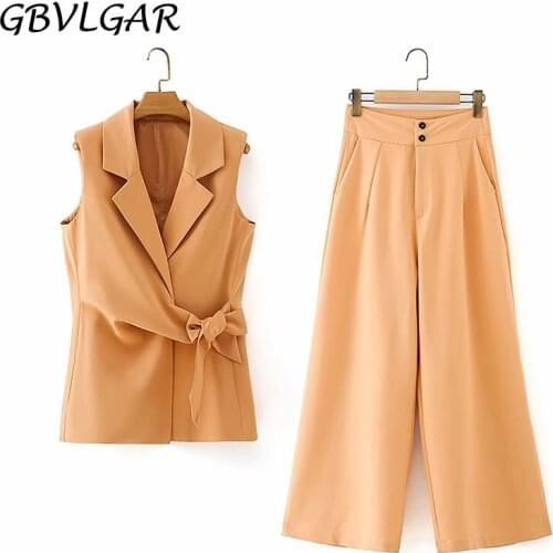 Women Fashion Wrap Vest Blazer With Bow Tied And Wide Leg Pants Casual Notched Collar Sleeveless Female Waistcoat Chic Top Suits