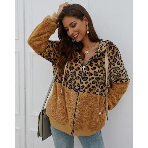 Leopard Patchwork Women Teddy Coat 2020 Autumn Hooded Fluffy Plush Winter Faux Fur Jacket Coat Women Plus Size Overcoat