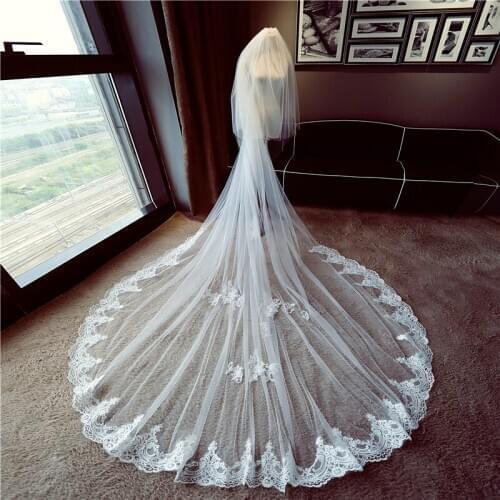 3M 4M 5M One Layer Wedding Veil With Comb White Lace Edge Bridal Veils Appliqued Cathedral Wedding Veil Velos De Novia Largos