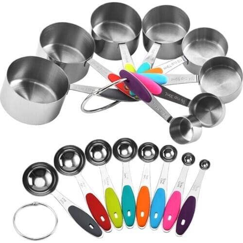 8pcs/set Measuring Cups Spoons Stainless Steel Seasoning Coffee Tea Measure Tool with Silicone Handle