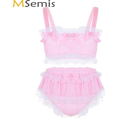 US Stock Mens Sissy Cute Ruffled Lace Lingerie Set Exotic Sheer Chiffon Apparel Gay Crop Top with Culotte Panties Sexy Nightwear