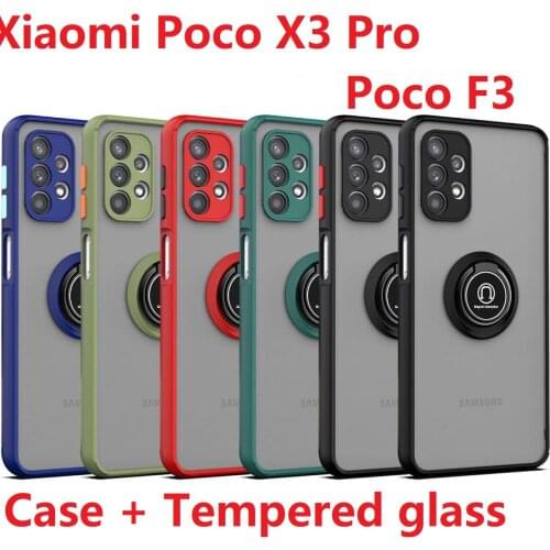 Armor For Xiaomi Poco F3 Case Tempered films glass Armor Silicon Magnetic Ring Hard Poco X3 Pro Cover