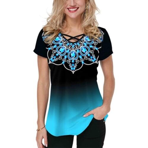 Gradient Print Women Blouses Shirt Fashion Casual Short Sleeve V-Neck Cross Shirt Summer Oversized Ladies Tops Large Size 5XL