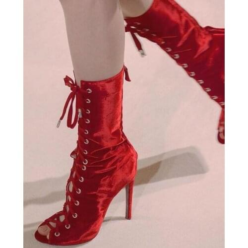 Women Autumn Boots Red Velvet Ankle Boots Thin High Heel Lace Up Open Toe Women Platform Ladies Motorcycle Boots Size 34-43
