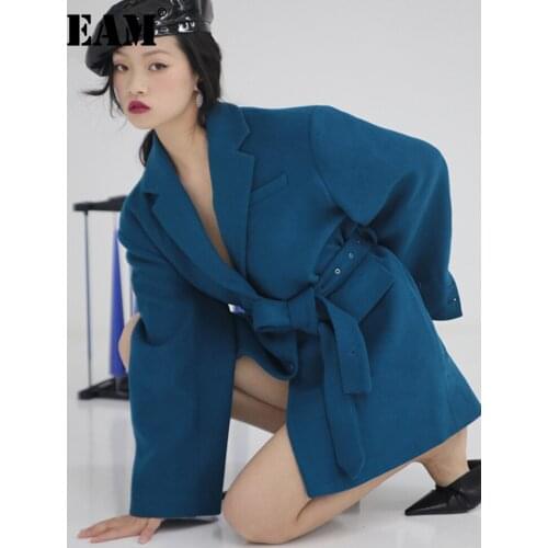 [EAM] Loose Fit Vintage Belt Oversized Blue Woolen Coat Parkas New Long Sleeve Women Fashion Tide Autumn Winter 2021 1DD2408