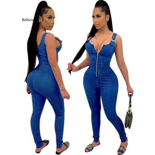 Fake Jeans Womens Skinny Zipper Up Rompers Fashion Sleeveless Pencil Jumpsuit Bodycon Active One Piece Overalls