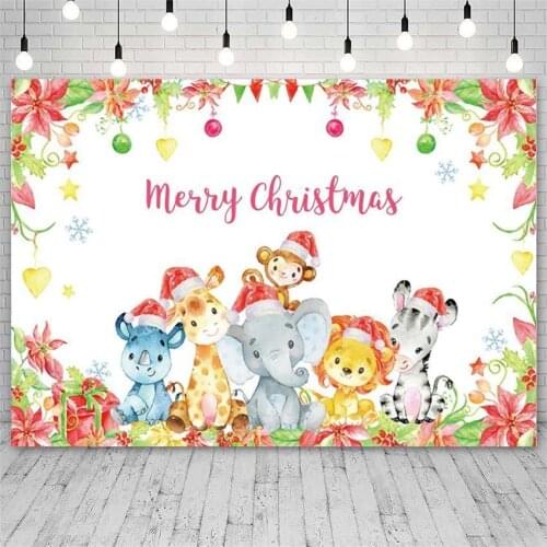 Cute Cartoon Animals Merry Christmas Banner Backdrop Photography Elephant Lion Kids Family Party Decor Photo Background
