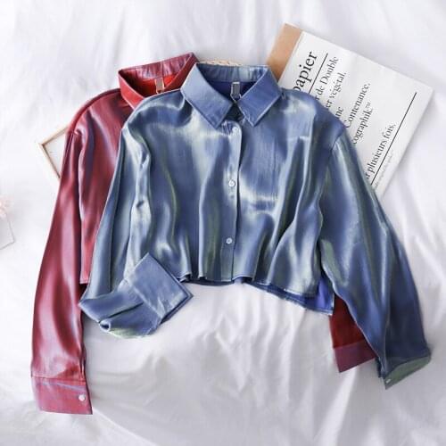 Korean Fashion Glossy Loose and Thin Single-breasted Long-sleeved Shirt Womens 2021 New Short Cropped Lapel Shirt Shirt