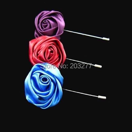 Men satin rosettes flowers stick pin lapel pin brooch pins 20pcs/lot 14color for your choice Free shipping