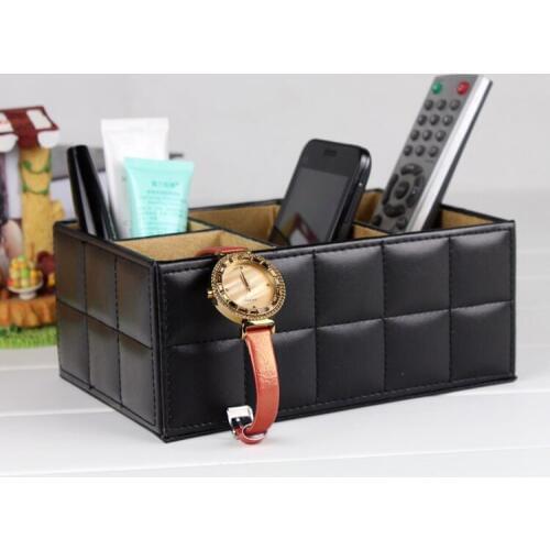 4slot wooden structure PU leather desk organizer sundries storage box container case 253A