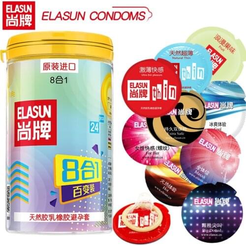 ELASUN Condoms Natural Latex 24 PCS 8 Types Ultra thin Ice and Fire Dotted Double Lubricated Condom Sex Toys For Men Cock Penis
