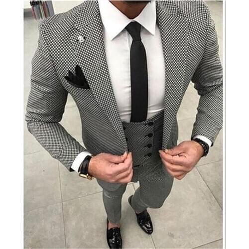New Custom Made Men Checkered Suit Dresses Tailored black Weave Hounds Tooth Check wedding mens suits 3 pcs jacket+pants+vest