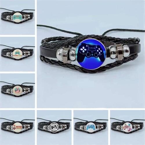 New Video Game Controller Picture Bracelet Multilayer Braided Leather Bracelet Glass Cabochon Dome Bracelet Gift for Game Lovers