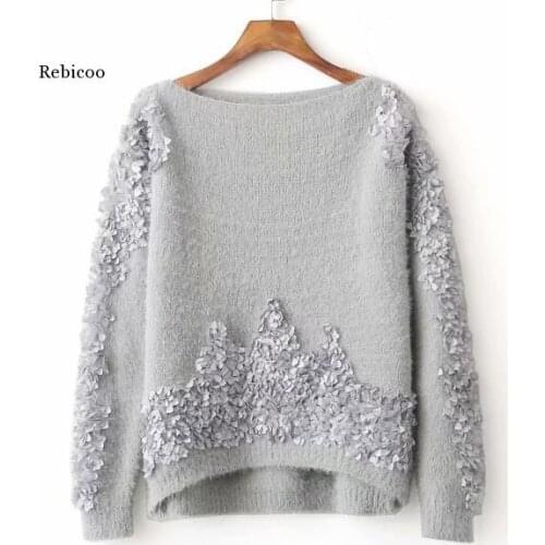 Autumn Winter Imitation Mink Cashmere Sweater Women Loose Knitted Pullover Gray White Sweater For Women