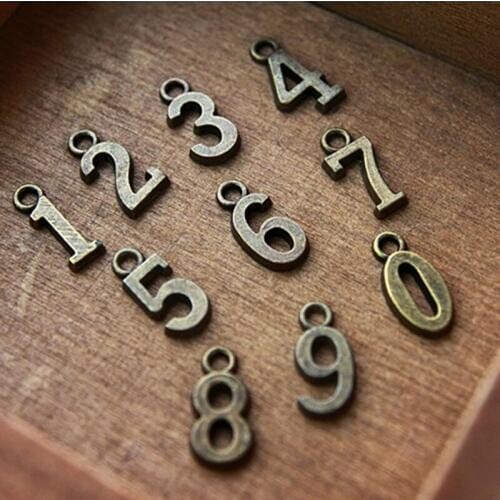 RONGQING 100pcs/lot DIY 15*6.8MM number Pendant 0-9 Antique Bronze Charm DIY metal charms for jewelry making 2018