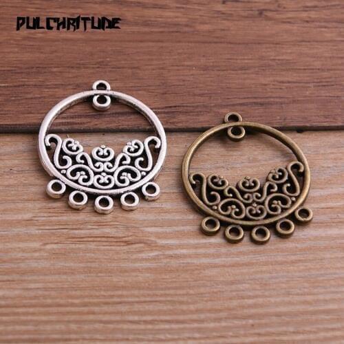 PULCHRITUDE 6pcs 29*35mm Two Color Zinc Alloy Vintage Round Flower Basket Connectors Pendants Jewelry Making DIY Handmade Craft