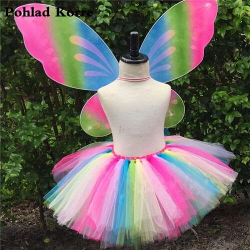 Rainbow Fairy Butterfly Girls Tutu Skirt With Wings Butterfly Halloween Costume For Kids Girls Ball Gown Tulle Mini Skirts NK014