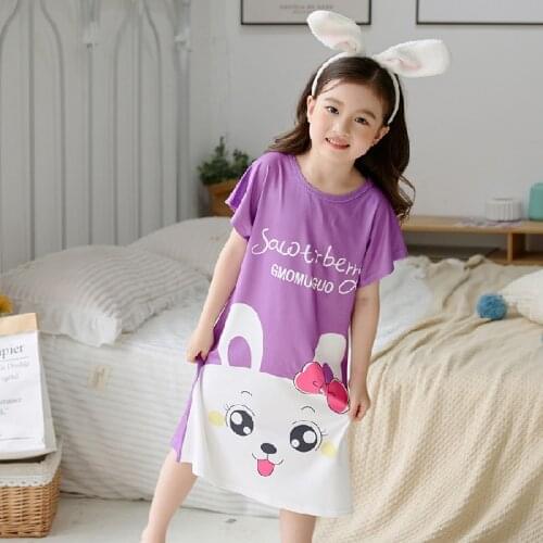 Retail 2-12 years Short-sleeves Childrens Cute Home Wear Nightdress Girl Kids Pajamas Summer Cartoon Print Teens Soft Nightgown