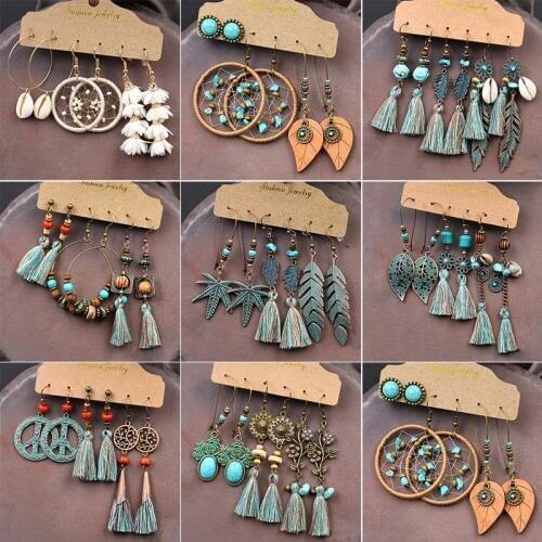 Vintage Flower Leaf Dream catcher Drop Earrings Long Tassels Fringe Statement Geometric Brincos Earrings Trendy Womens jewelry