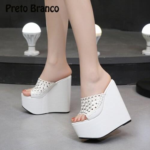 PRETO BRANCO Super High Heel Slippers Waterproof Platform Sexy Sandals Slippers Hole Models Breathable Nightclub Models