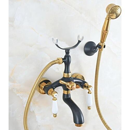 Black Gold Bathtub Faucet Wall Mount Handheld Bath Tub Mixer System with Handshower Telephone Style zna542
