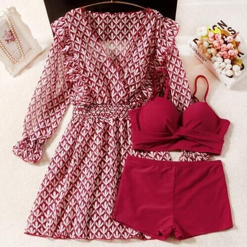 STAERK 2021 new wine red sexy gathered Chiffon smoothies cover up belly show thin hot spring conservative three piece set