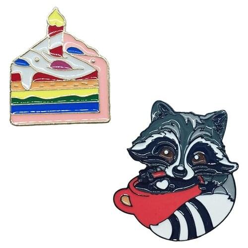 Candle Candle Layer Cream Cake Metal Enamel Brooch Holding Red Coffee Cup Civet Cat Badge Pin Fun Trendy Afternoon Tea Jewelry