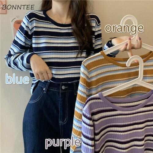 Sweaters Women Spring Cropped Pullovers Teenagers Elastic All-match Vintage Student Ulzzang Striped Basic Slim Knitting New Chic