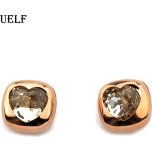 Uelf Stud Earrings Hearts Crystals For Women Party Hot Selling Rose Color Ear Stainless Steel Jewelry Friends Gift