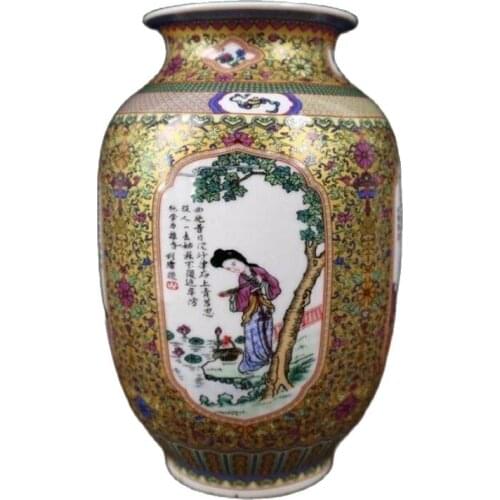 Chinese Old Porcelain Enamel Color Lady Pattern Winter Melon Type Vase
