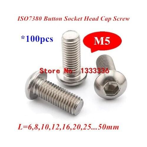 100pcs ISO7380 M5 A2-70 Round Head Screws Hexagon Socket Button Head Cap Screw Bolts Stainless steel M5*6/8/10/12/16/20/25/30mm