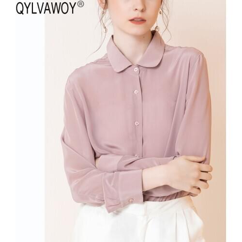 Womens Shirt 100% Silk Vintage Office Blouse Women Blouses 2021 Korean Pink Blouse Women Tops Shirts Camisas Mujer CS1714