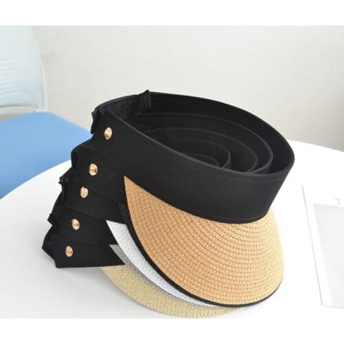 New Simple Summer Straw Sun Hat Women Pearl Backable Sun Visor Hat With Big Heads Wide Brim UV Protection Female Cap