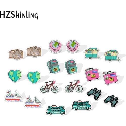 2020 New Travel Camera Stud Earring Backpack Trunk Acrylic Earring Funny Jewelry Epoxy Resin Earrings
