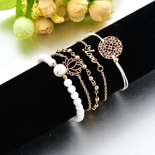 ATTRACTTO 5PCS/SET Gold Hollow Lotus Bracelets For Women Tassel Bracelet Charm Bohemian Jewelry Friendship Bracelets SBR190159