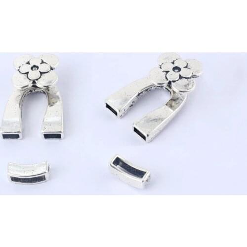 3 x Sets Flower Wishbone End Clasps Double Strand For 5x2mm Flat Leather Cord Bracelet Making Findings